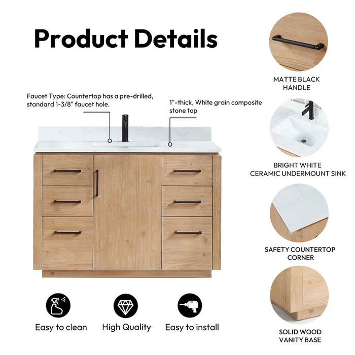 48-Inch Covelet Fir Wood Single Bathroom Vanity with Composite Stone Top, Undermount Sink & Mirror