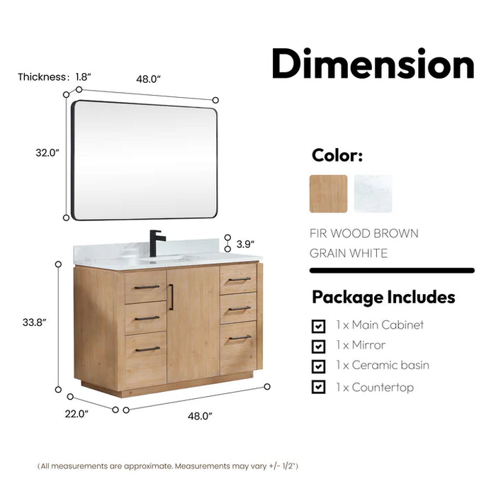 48-Inch Covelet Fir Wood Single Bathroom Vanity with Composite Stone Top, Undermount Sink & Mirror
