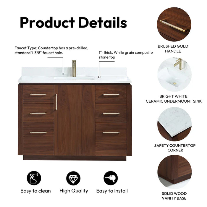 48-Inch Emberly Natural Walnut Free-Standing Single Bathroom Vanity with White Grain Composite Stone Top