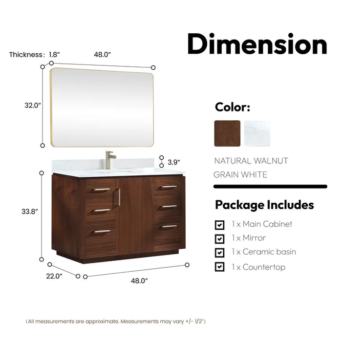 48 Inch Greystone Natural Walnut Bathroom Vanity - White Stone Top, Undermount Sink & Mirror Included