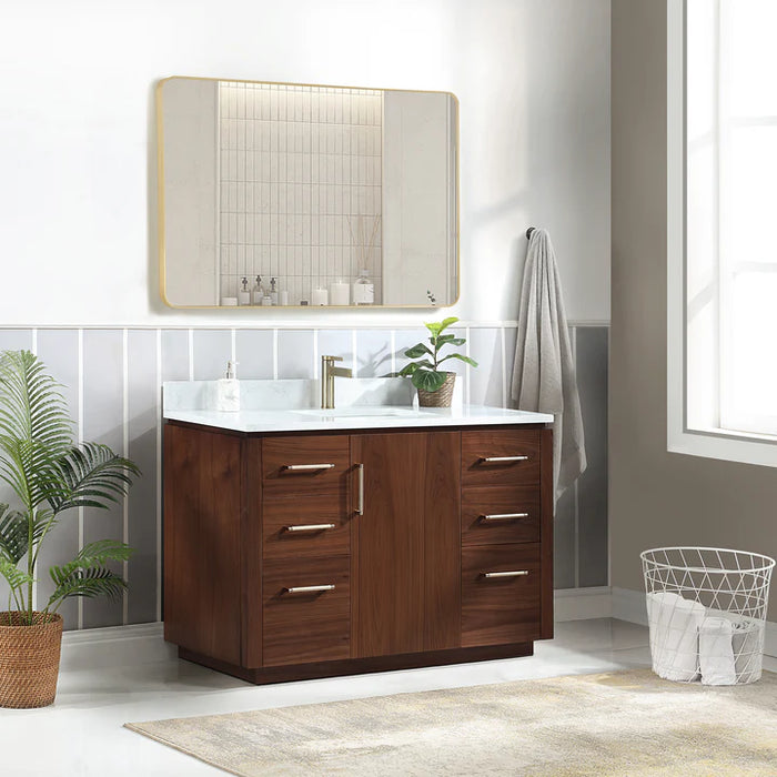 48 Inch Greystone Natural Walnut Bathroom Vanity - White Stone Top, Undermount Sink & Mirror Included