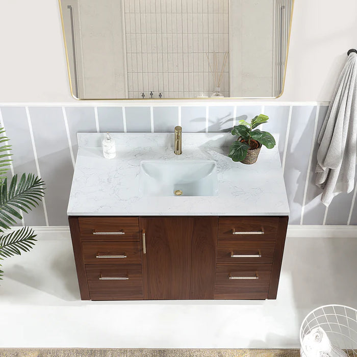 48 Inch Greystone Natural Walnut Bathroom Vanity - White Stone Top, Undermount Sink & Mirror Included