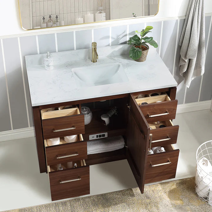 48 Inch Greystone Natural Walnut Bathroom Vanity - White Stone Top, Undermount Sink & Mirror Included