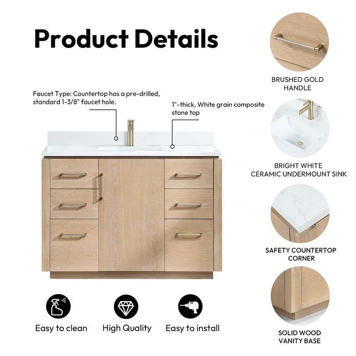 48-Inch Claren Solid Wood Single Vanity Freestanding Washed Ash Grey with Stone Top and Mirror