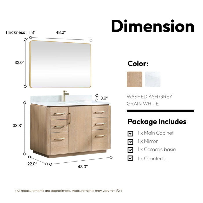 48-Inch Dovian Single Bathroom Vanity Washed Ash Grey Hardwood with White Grain Composite Top & Storage