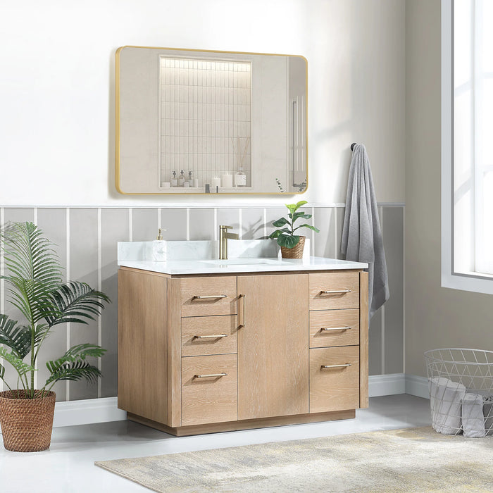 48-Inch Claren Solid Wood Single Vanity Freestanding Washed Ash Grey with Stone Top and Mirror