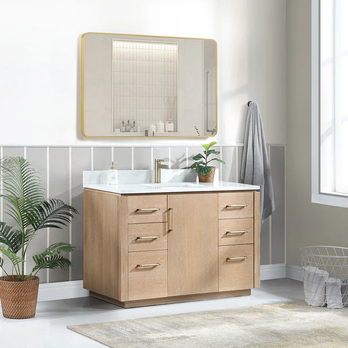 48-Inch Dovian Single Bathroom Vanity Washed Ash Grey Hardwood with White Grain Composite Top & Storage