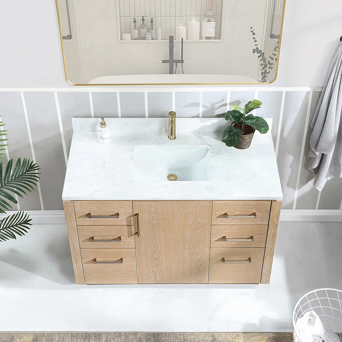 48-Inch Claren Solid Wood Single Vanity Freestanding Washed Ash Grey with Stone Top and Mirror