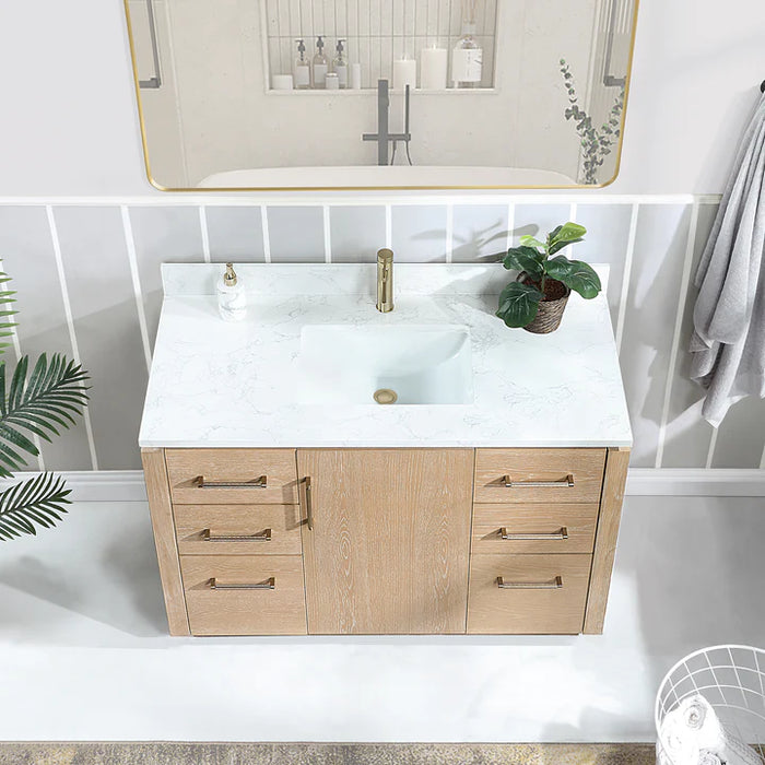 48-Inch Dovian Single Bathroom Vanity Washed Ash Grey Hardwood with White Grain Composite Top & Storage
