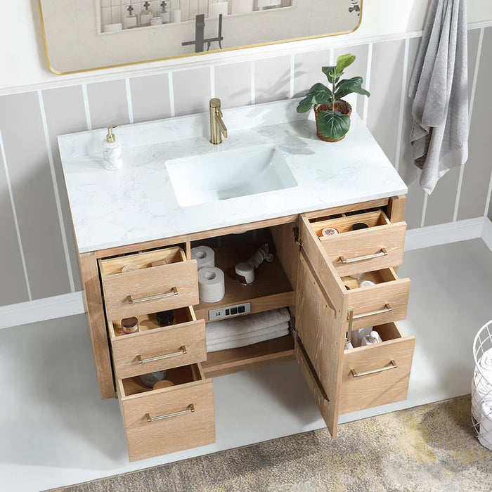 48-Inch Dovian Single Bathroom Vanity Washed Ash Grey Hardwood with White Grain Composite Top & Storage