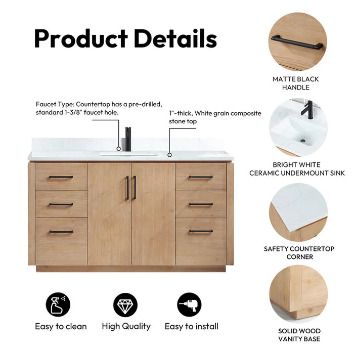 60-Inch Hardwood Amble Modern Bathroom Vanity Fir Brown Freestanding with White Stone Countertop