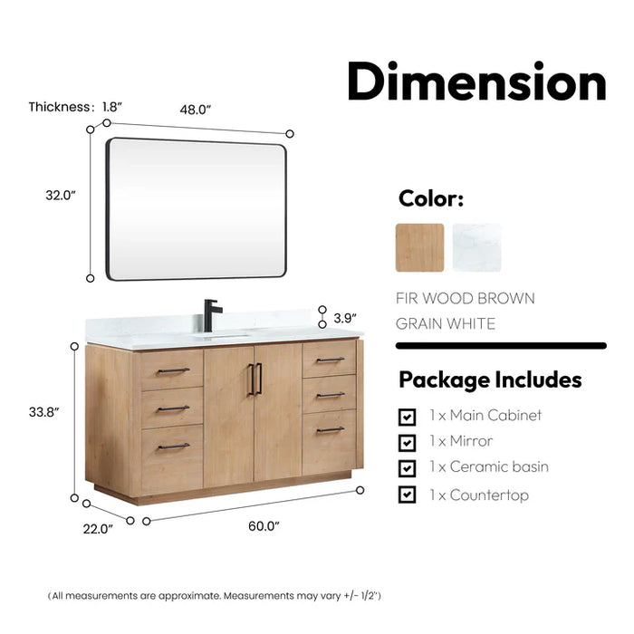 60-Inch Hardwood Amble Modern Bathroom Vanity Fir Brown Freestanding with White Stone Countertop