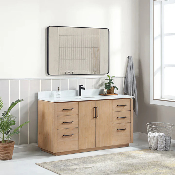 60" Evren Freestanding Bath Vanity in Fir Wood Brown - Single Sink with White Composite Stone Top & Mirror
