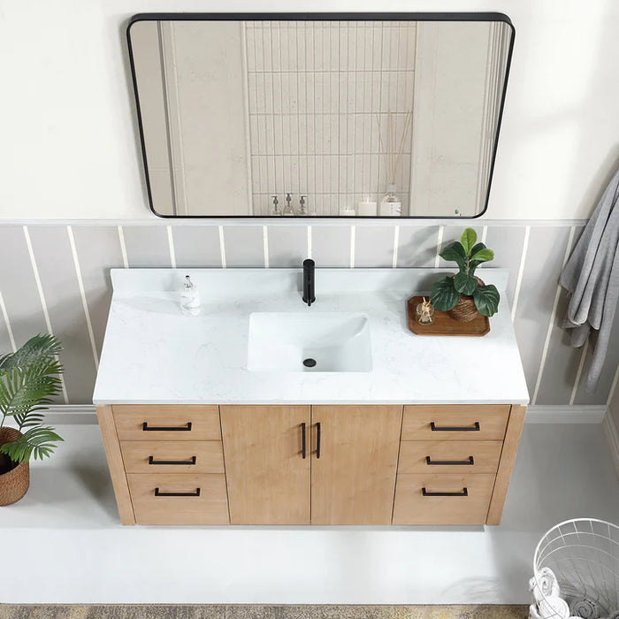 60" Evren Freestanding Bath Vanity in Fir Wood Brown - Single Sink with White Composite Stone Top & Mirror