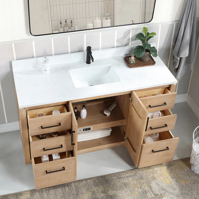 60" Evren Freestanding Bath Vanity in Fir Wood Brown - Single Sink with White Composite Stone Top & Mirror