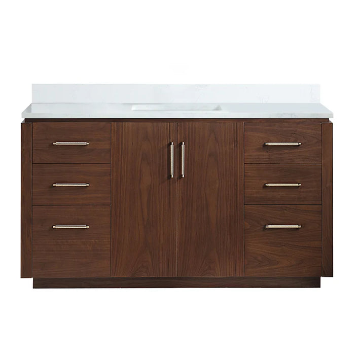 60-Inch Brisa Freestanding Natural Walnut Vanity with White Composite Stone Top and Undermount Sink
