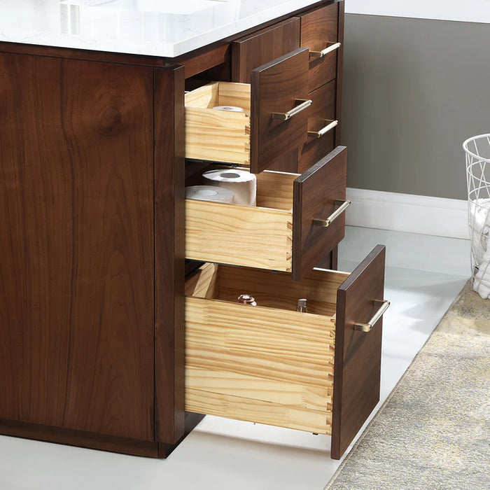 60-Inch Halcy Solid Wood Single Sink Bathroom Vanity in Natural Walnut with Stone Countertop and Mirror