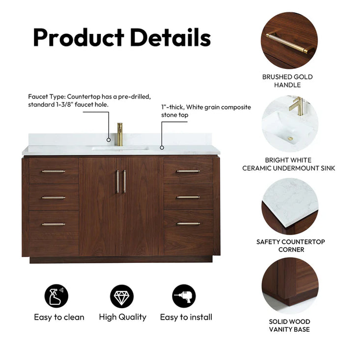 60-Inch Brisa Freestanding Natural Walnut Vanity with White Composite Stone Top and Undermount Sink