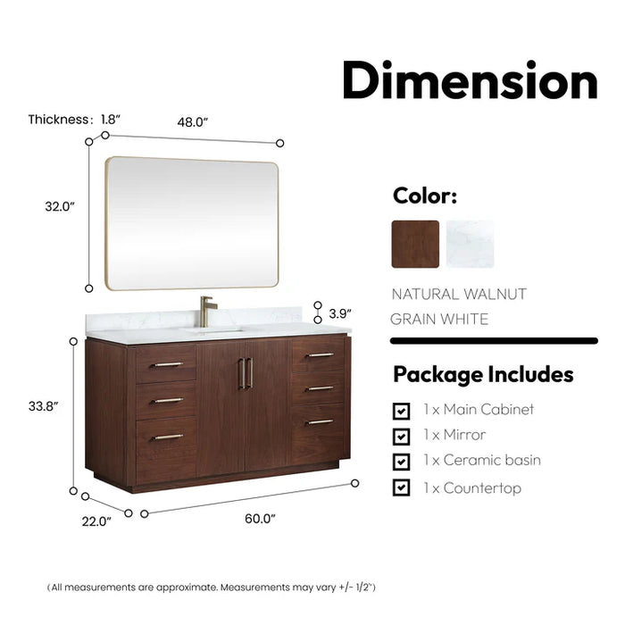 60-Inch Halcy Solid Wood Single Sink Bathroom Vanity in Natural Walnut with Stone Countertop and Mirror