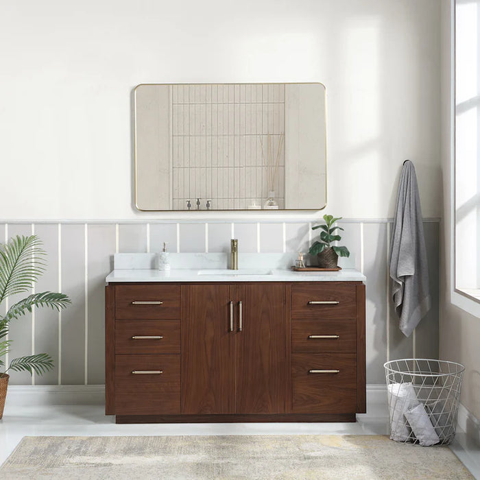 60-Inch Halcy Solid Wood Single Sink Bathroom Vanity in Natural Walnut with Stone Countertop and Mirror