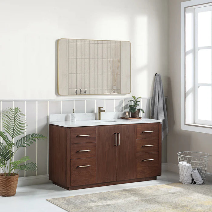60-Inch Halcy Solid Wood Single Sink Bathroom Vanity in Natural Walnut with Stone Countertop and Mirror