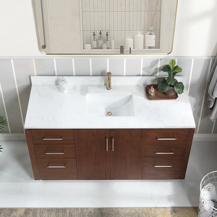 60-Inch Brisa Freestanding Natural Walnut Vanity with White Composite Stone Top and Undermount Sink