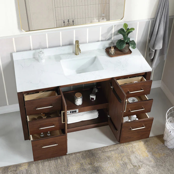 60-Inch Halcy Solid Wood Single Sink Bathroom Vanity in Natural Walnut with Stone Countertop and Mirror