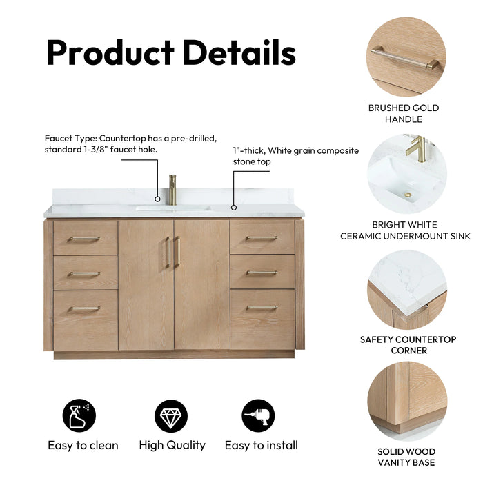 60-Inch Solid Wood Indra Bathroom Vanity - Washed Ash Grey Freestanding Single Sink with White Stone Top & Mirror