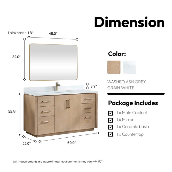 60-Inch Fenn Bathroom Vanity Washed Ash Grey Wood Freestanding with Composite Stone Countertop