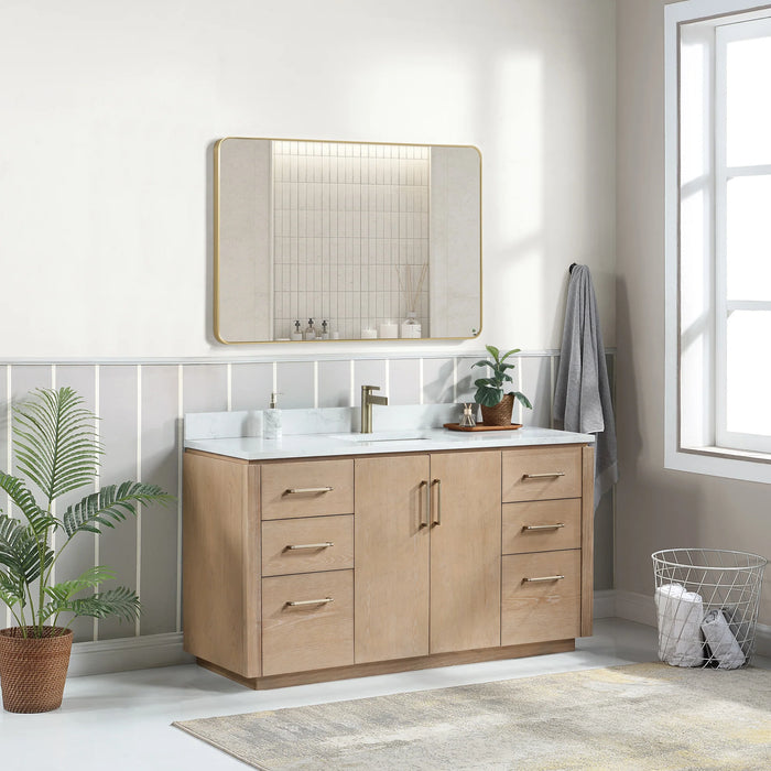 60-Inch Solid Wood Indra Bathroom Vanity - Washed Ash Grey Freestanding Single Sink with White Stone Top & Mirror