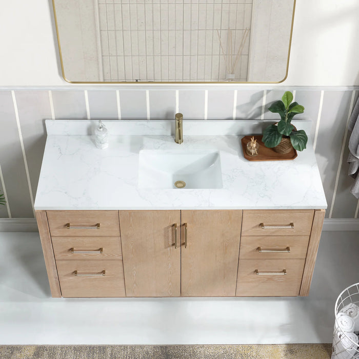 60-Inch Solid Wood Indra Bathroom Vanity - Washed Ash Grey Freestanding Single Sink with White Stone Top & Mirror