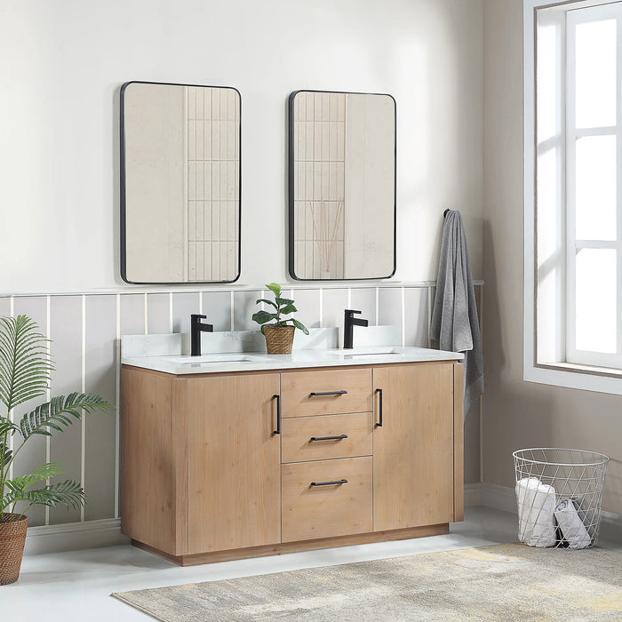 60-Inch Pavia Free Standing Double Vanity - Fir Wood Brown Bathroom Vanity with White Composite Stone Top & Mirror