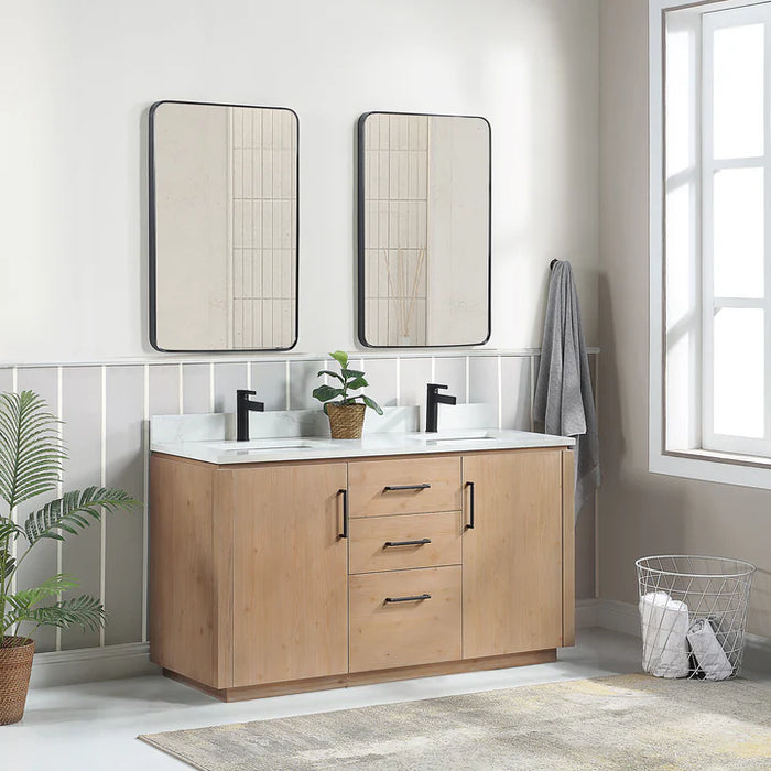 60-Inch Marlow Double Bath Vanity - Fir Wood Brown Free-standing with White Grain Composite Stone & USB Outlets