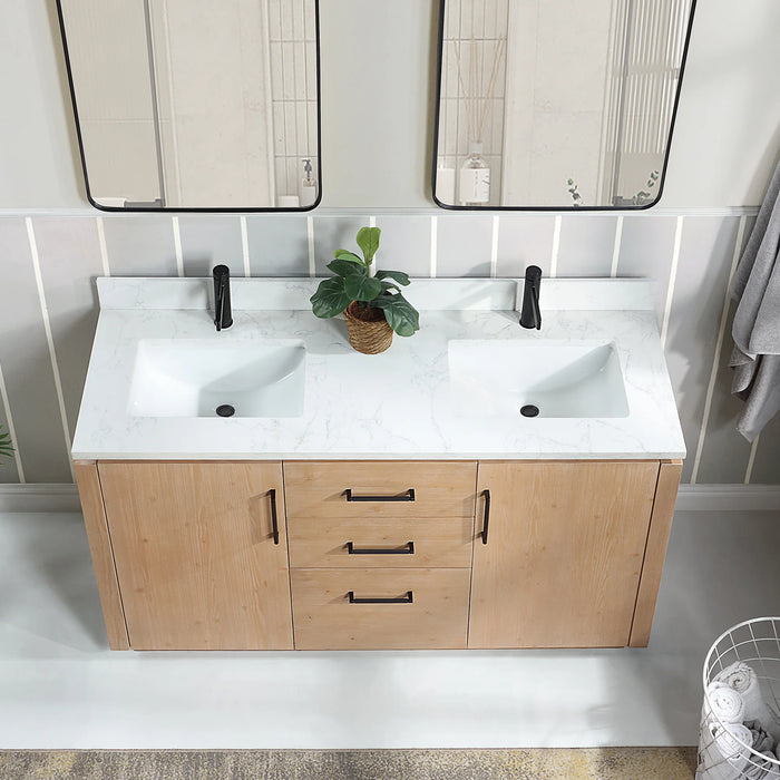 60-Inch Pavia Free Standing Double Vanity - Fir Wood Brown Bathroom Vanity with White Composite Stone Top & Mirror