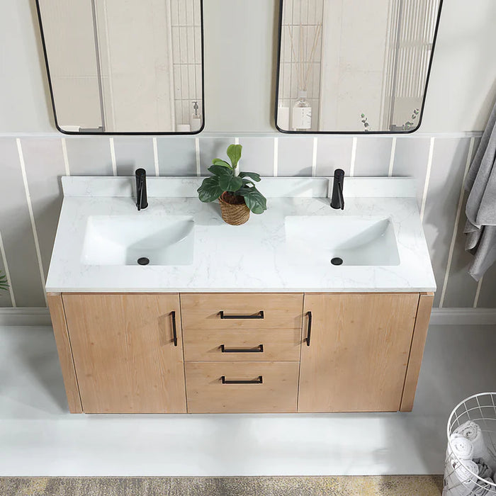 60-Inch Marlow Double Bath Vanity - Fir Wood Brown Free-standing with White Grain Composite Stone & USB Outlets