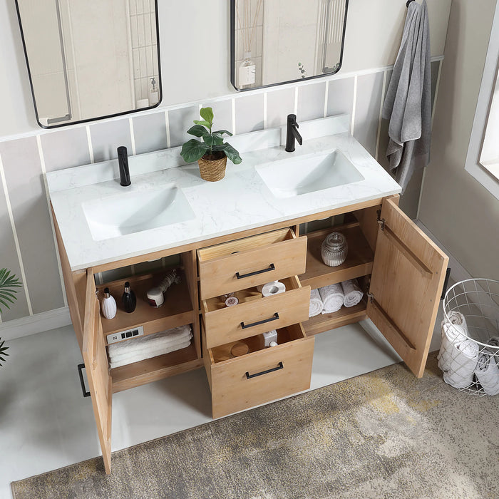 60-Inch Pavia Free Standing Double Vanity - Fir Wood Brown Bathroom Vanity with White Composite Stone Top & Mirror