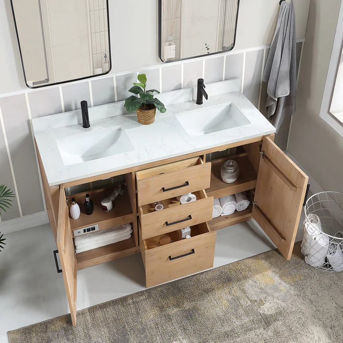 60-Inch Marlow Double Bath Vanity - Fir Wood Brown Free-standing with White Grain Composite Stone & USB Outlets