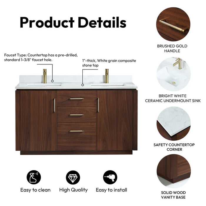 60-Inch Noria Freestanding Double Vanity Natural Walnut with White Grain Top and Mirror Set