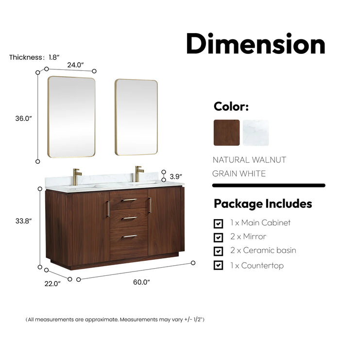 60-Inch Noria Freestanding Double Vanity Natural Walnut with White Grain Top and Mirror Set