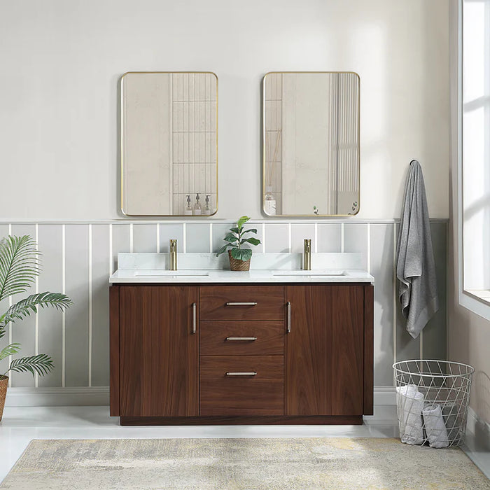 60-Inch Noria Freestanding Double Vanity Natural Walnut with White Grain Top and Mirror Set