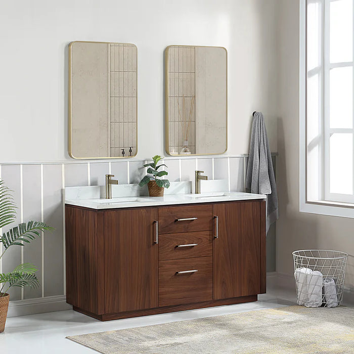 60-Inch Noria Freestanding Double Vanity Natural Walnut with White Grain Top and Mirror Set