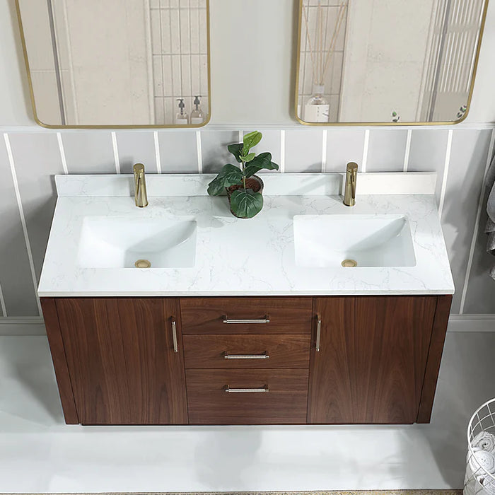 60-Inch Noria Freestanding Double Vanity Natural Walnut with White Grain Top and Mirror Set
