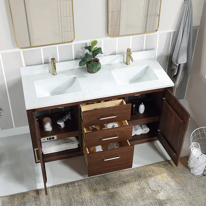 60-Inch Noria Freestanding Double Vanity Natural Walnut with White Grain Top and Mirror Set