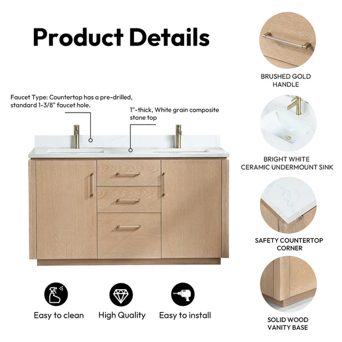 72-Inch Jora Fir Wood Brown Double Bathroom Vanity - Freestanding with White Grain Composite Top