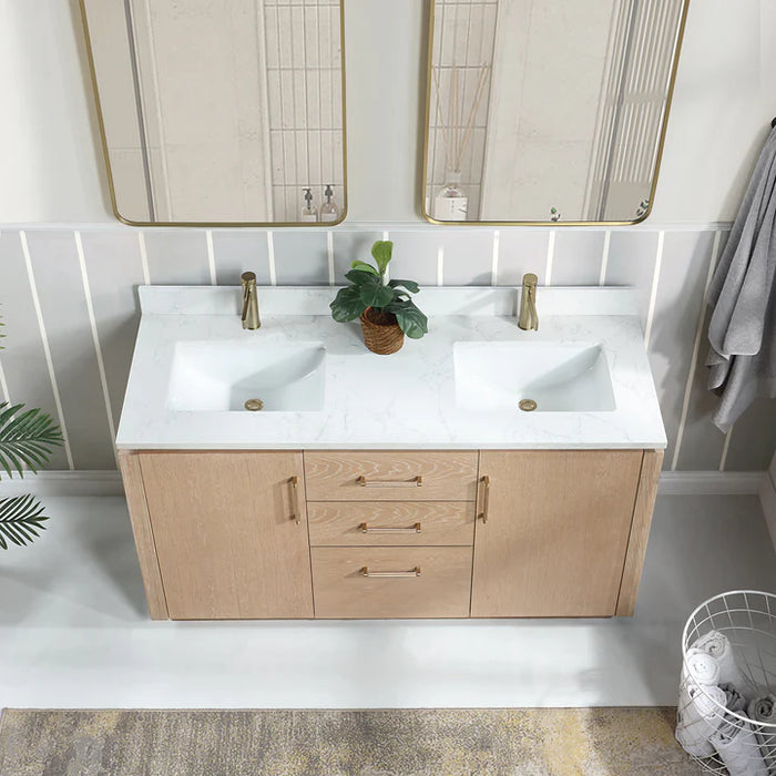 60 Inch Revra Double Sink Vanity Set - Washed Ash Grey Free Standing with White Composite Stone Top & Mirror