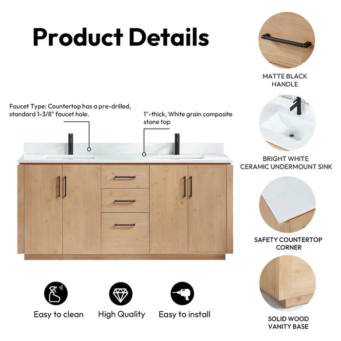 72-Inch Veyra Freestanding Double Sink Vanity in Fir Wood Brown - Includes White Grain Stone Top and Mirror