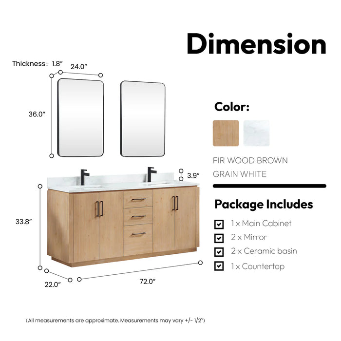 72-Inch Veyra Freestanding Double Sink Vanity in Fir Wood Brown - Includes White Grain Stone Top and Mirror