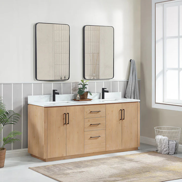 72-Inch Veyra Freestanding Double Sink Vanity in Fir Wood Brown - Includes White Grain Stone Top and Mirror