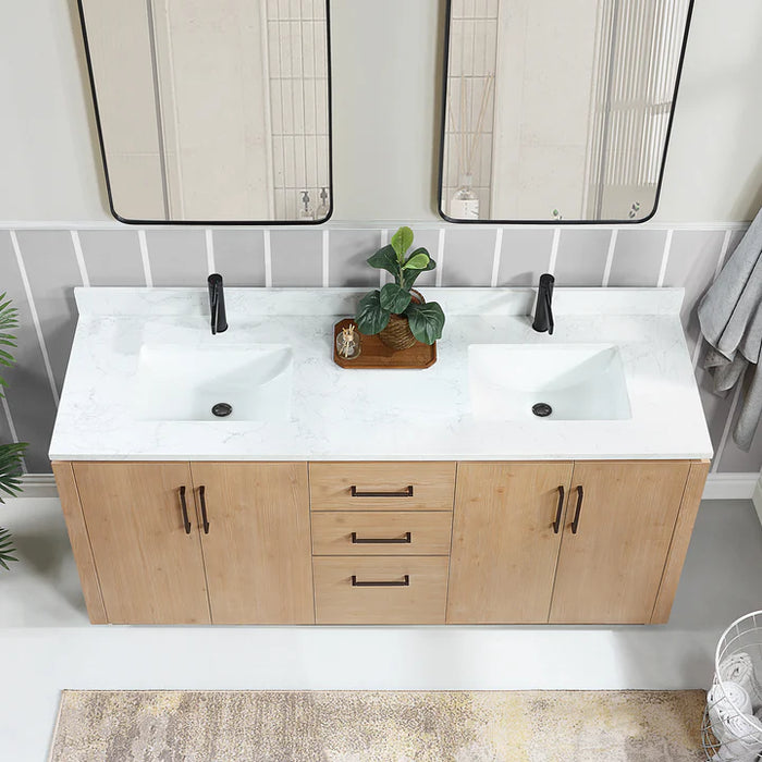 72-Inch Veyra Freestanding Double Sink Vanity in Fir Wood Brown - Includes White Grain Stone Top and Mirror