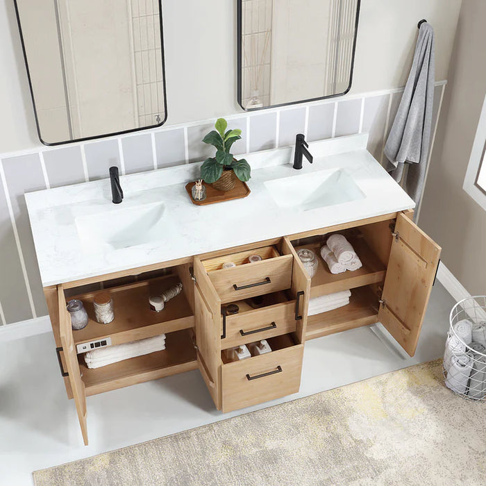 72-Inch Veyra Freestanding Double Sink Vanity in Fir Wood Brown - Includes White Grain Stone Top and Mirror